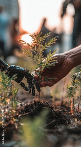 Human hand and robotic arm planting a green sprout together for a sustainable future