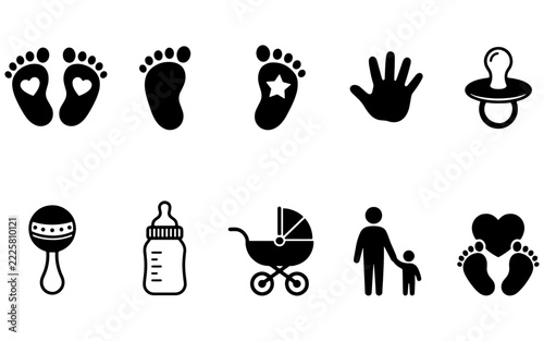 Baby Footprints Handprint Rattle Pram Bottle Pacifier Vector Icon Set