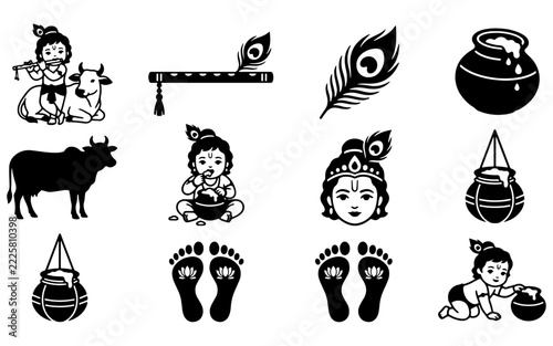 Little Krishna Janmashtami Peacock Feather Bansuri Flute Matki Butter Vector Icon Set