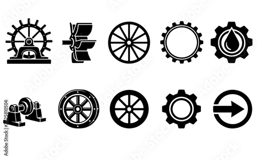 Water Wheel Turbine Gear Wagon Wheel Mechanical Shaft Arrow Vector Icon Set