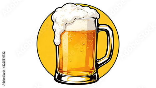 Illustrated frothy beer mug with golden lager and overflowing foam against yellow circular background