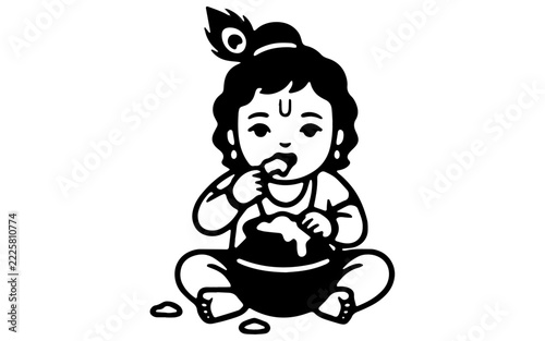 Little Krishna Eating Butter Makhan Chor Janmashtami Vector Silhouette Icon