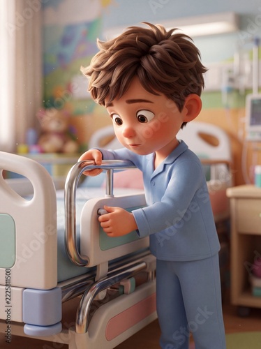 Stylized 3D Child Character Securing Hospital Bed Safety Side Rails