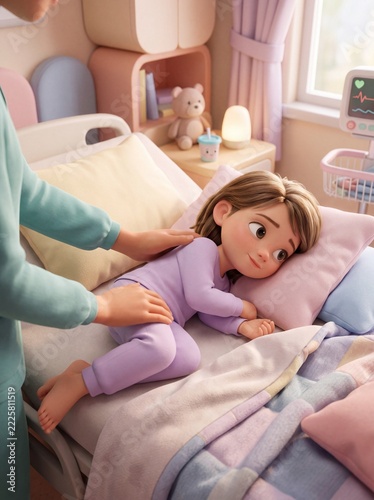 Stylized 3D Medical Caregiver Gently Turning Bedridden Child Patient in Bed