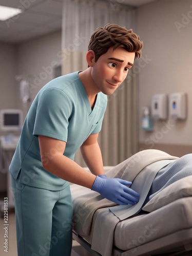 Stylized 3D Male Nurse Inspecting Sacral Pressure Points in Medical Clinic