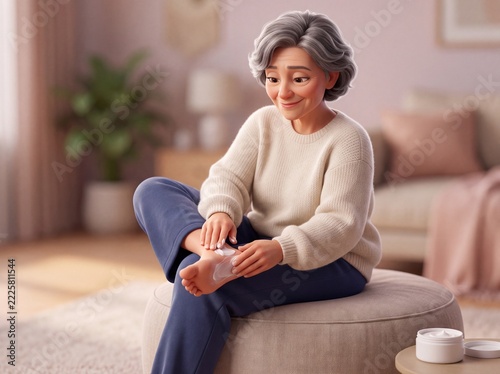 Stylized 3D Character Applying Moisturizing Heel Cream Self Care Routine