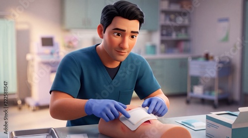 Stylized 3D Healthcare Worker Applying Protective Medical Foam Dressing