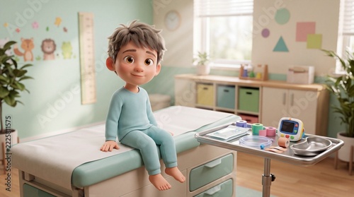 Stylized 3D Pediatric Healthcare Character Demonstration with Sterile Medical Equipment
