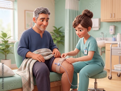 Stylized 3D Character Illustration of Mature Patient Undergoing Medical Catheter Care