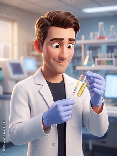 Stylized 3D Male Scientist Analyzing Urinalysis Reagent Test Strip in Laboratory