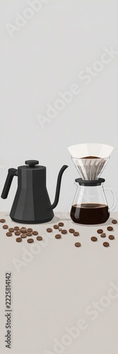 Modern black kettle and glass pour-over coffee maker with scattered coffee beans on neutral background