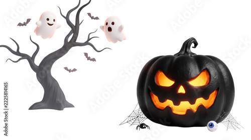 Halloween Scene with Black Carved Pumpkin Spooky Tree and Ghosts   JPG