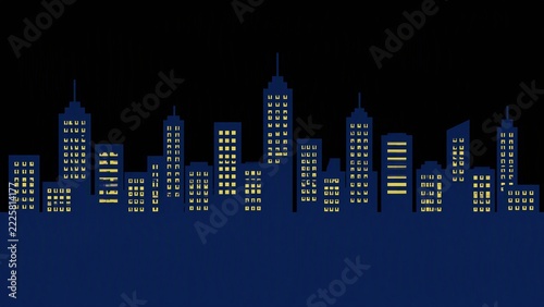 Illustration of a city skyline at night with lit windows in tall buildings against a black background