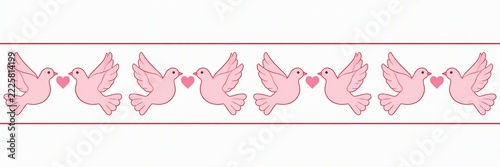 Row of pink cartoon doves facing each other with hearts between them on a white background