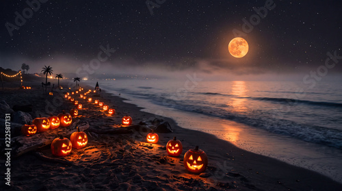 Spooky glowing jack o lanterns on a misty beach under a full moon.