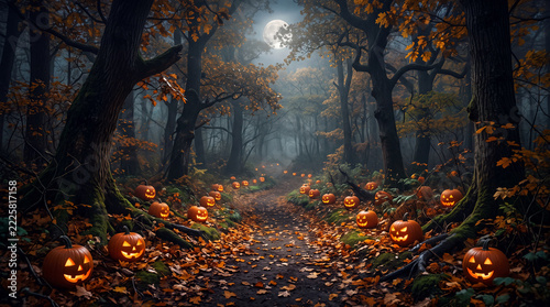 Spooky Halloween Forest Path with Glowing Jack o Lanterns.