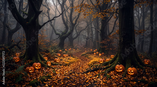 Spooky Halloween forest scene with glowing jack o lanterns.