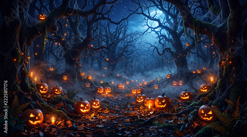 Spooky Halloween Forest with Glowing Jack o Lanterns at Night.