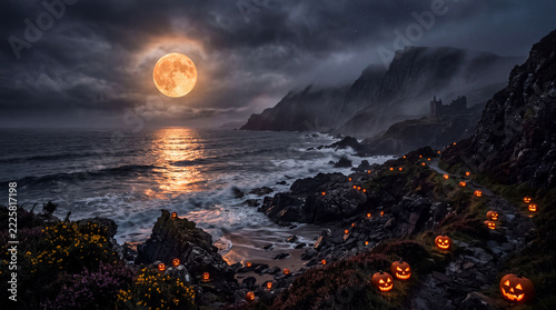 Spooky Halloween landscape with jack o lanterns on a dark misty coastline under a glowing full moon.