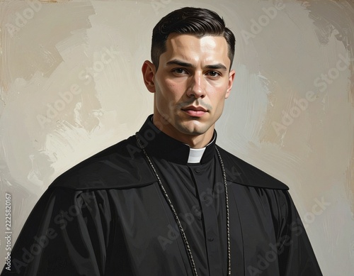 Professional Portrait of a Handsome Young Catholic Priest in Traditional Black Clerical Robe with White Collar, Religious Leadership and Faith Concept