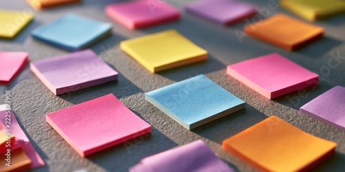 Colorful array of sticky notes in shades of pink purple blue yellow and orange scattered randomly on gray surface for creative planning and brainstorming images