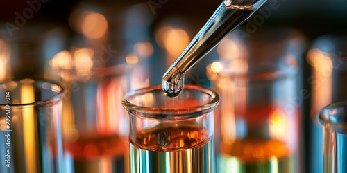a laboratory pipette droplet transferring liquid into a test tube among multiple colorful test tubes in a scientific laboratory setting