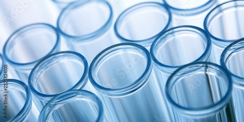 Array of transparent blue plastic test tubes arranged in cluster on white background for scientific research or laboratory analysis