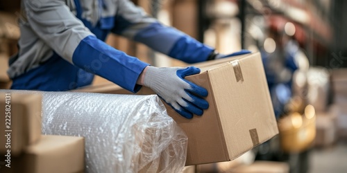 Worker Handling Cardboard Box with Bubble Wrap in Warehouse, Warehouse Logistics, Packaging Process, Freight Shipping, Industrial Work Environment, Man in Gloves