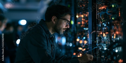Data Center Technician Installing Hardware in Server Rack with Network Equipment in Modern Data Center Facility