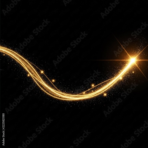 Abstract golden light trail with sparkles on black background.
