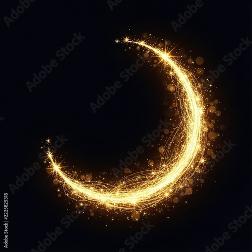 Glowing golden crescent moon made of sparkling stardust on black background.