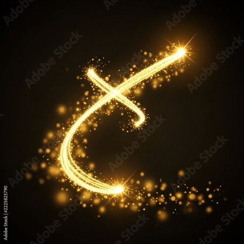 Golden glittering letter t made of light trail with sparkles.
