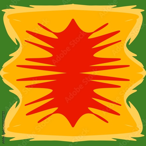Obraz na plátně Abstract symmetric red starburst with jagged yellow border on green background,