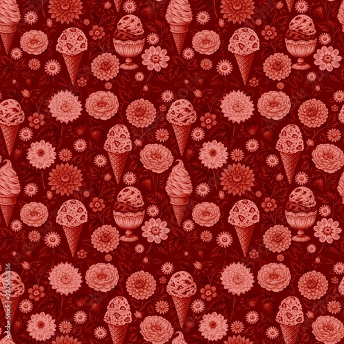 Red and Pink Seamless Pattern with Ice Cream, Strawberries and Vintage Flowers