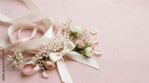A delicate floral hair accessory rests on a soft pink background. A satin ribbon is tied with a small bow, adorned with tiny white roses, pink blossoms, and a string of pearls.
