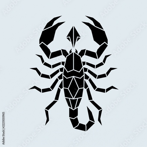 Minimalist Geometric Black Scorpion Logo Icon Top View Tail Sting on Light Blue Gray Background