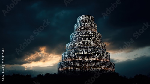 Tower of text under stormy sky