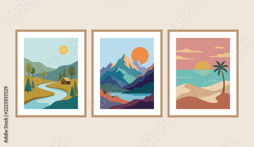 Boho aesthetic minimalist landscape vector set with river, mountain, and beach scenery for wall art decor
