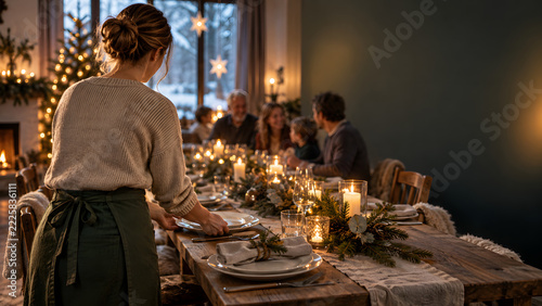 Woman Setting a Winter Family Dinner Table