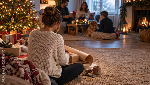 Woman Wrapping a Gift on the Rug During a Family Holiday