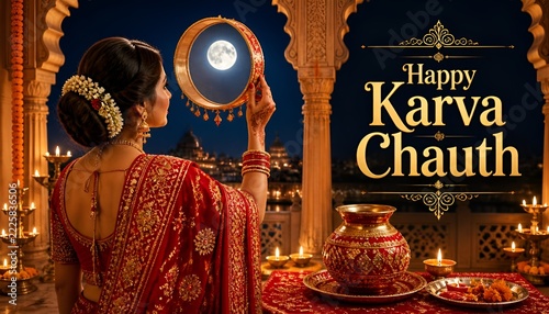 Indian woman celebrating karva chauth with traditional sieve and full moon
