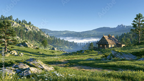 Serene Landscape with a Cottage Amidst Green Meadows and Majestic Mountains Under Clear Sky
