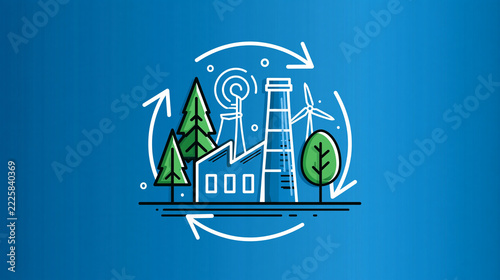 Illustration of eco-friendly industry with trees, factory, wind turbine, and recycling arrows on a blue background symbolizing sustainability and green energy.
