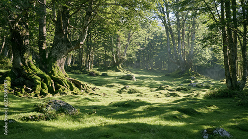 Sunlight Filtering Through Trees in Lush Green Forest Creating Peaceful Natural Landscape