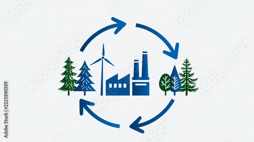Illustration of a circular economy showing factories, wind turbines, and trees connected by arrows symbolizing sustainable industrial and environmental balance.
