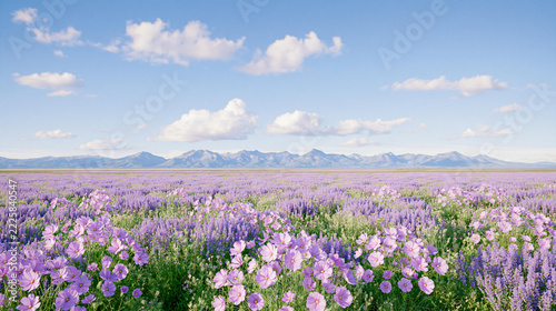 Vast Field of Blooming Purple Flowers Under a Clear Blue Sky and Majestic Mountains in the Distance