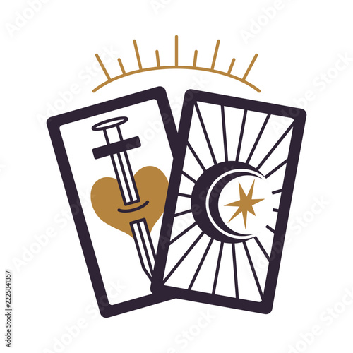 Mystic tarot cards with celestial sun and moon, vector illustration. Hand drawn esoteric boho sword pierces heart. Magical line art occult prediction. Black and white clipart with gold elements