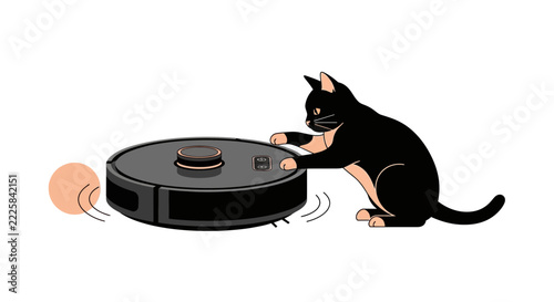 Curious Black Cat Playing with a Robotic Vacuum Cleaner, Flat Vector Illustration of Smart Home Technology and Domestic Pet Life