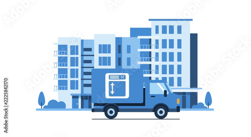 Blue Delivery Truck in Front of Modern Apartment Buildings Flat Vector Illustration for Logistics and Moving Services
