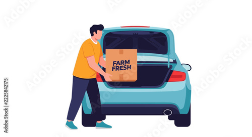 Man Loading Farm Fresh Grocery Box into Car Trunk Vector Illustration for Food Delivery and Local Produce Logistics Services